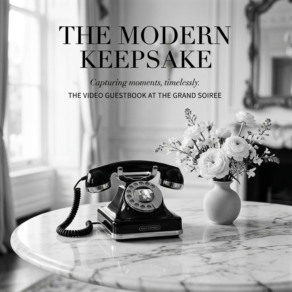 Sleek retro vintage video guestbook station on a marble table