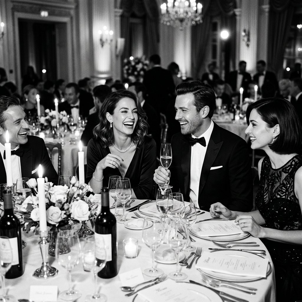 Elegant wedding guests laughing and celebrating